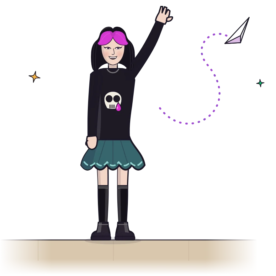 Nyx waving hello as a paper plane loops off toward the inbox.