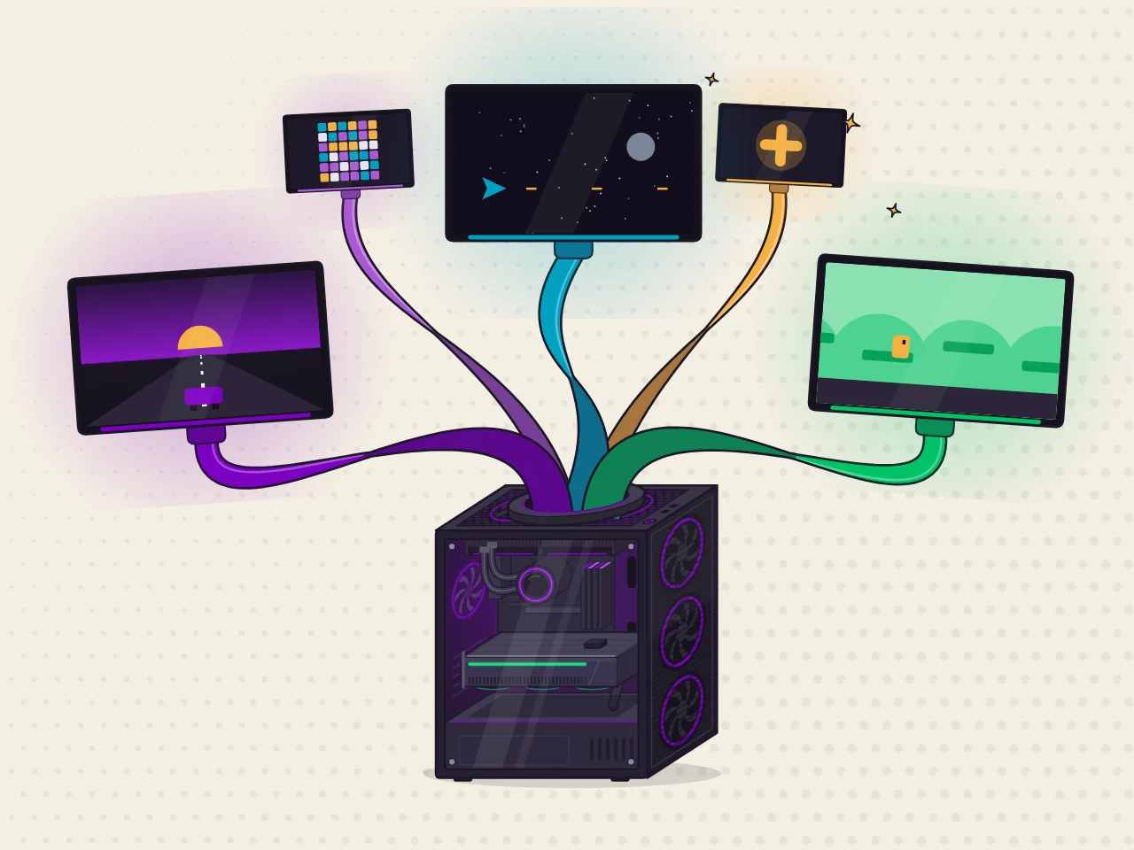 The Hydra PC: one computer growing a screen on a ribbon neck for each person (purple, green and teal), and two small ones above: a plus for one more, and another game.